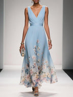 Roze | Lichtblauwe Bloemen Chiffon V-Hals Maxi Jurk