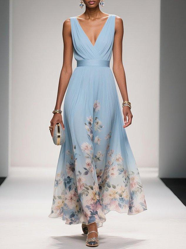 Roze | Lichtblauwe Bloemen Chiffon V-Hals Maxi Jurk