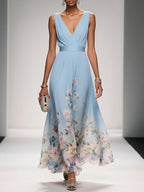 Roze | Lichtblauwe Bloemen Chiffon V-Hals Maxi Jurk