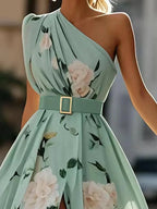 Julie | Lichtgroene Bloemen Chiffon One-Shoulder Maxi Jurk