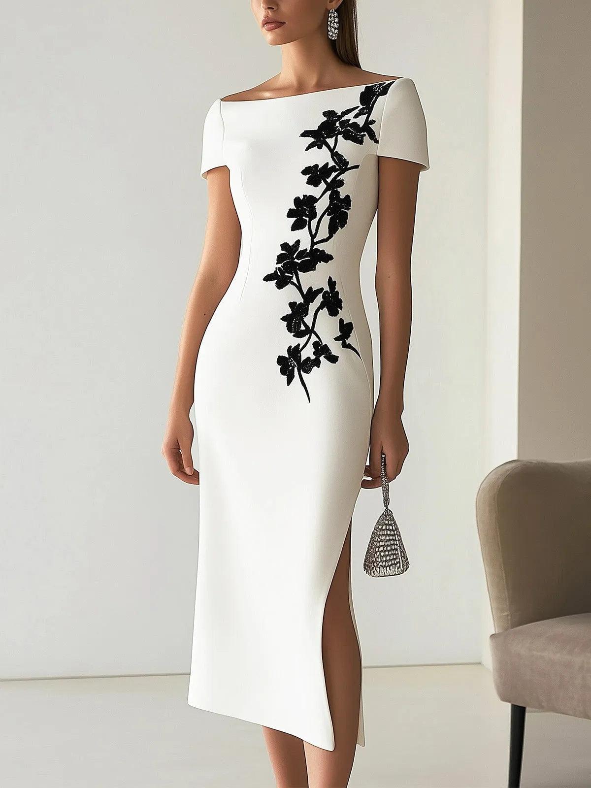 Audrey | Chique Bloemenprint Boot Neck Midi Jurk Outfit