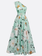 Julie | Lichtgroene Bloemen Chiffon One-Shoulder Maxi Jurk