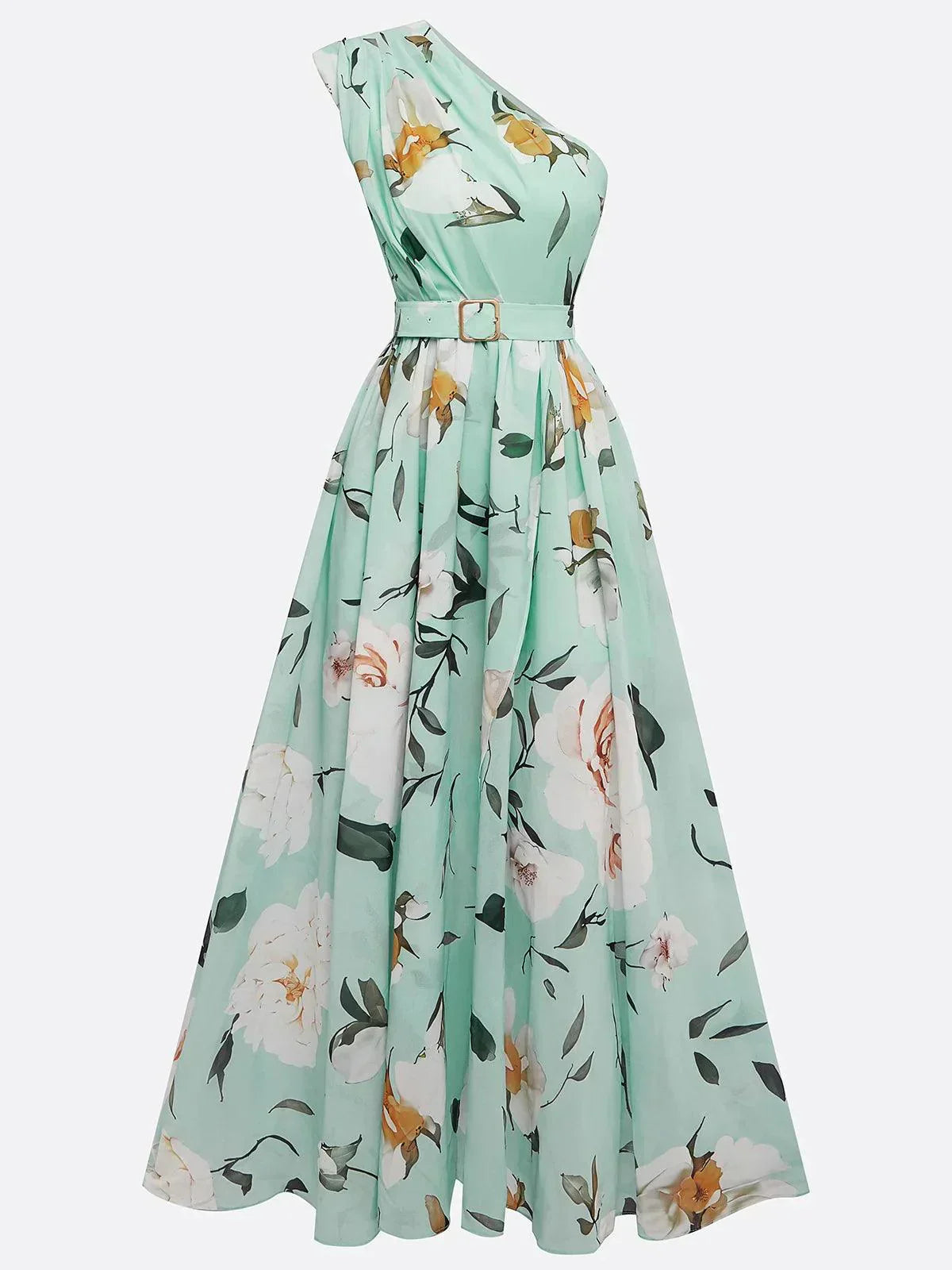 Julie | Lichtgroene Bloemen Chiffon One-Shoulder Maxi Jurk