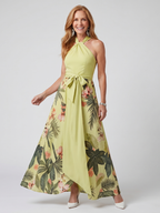 Weide | Gedrapeerde Halter Botanische Paneel Maxi Jurk