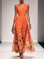 Roze | Lichtblauwe Bloemen Chiffon V-Hals Maxi Jurk