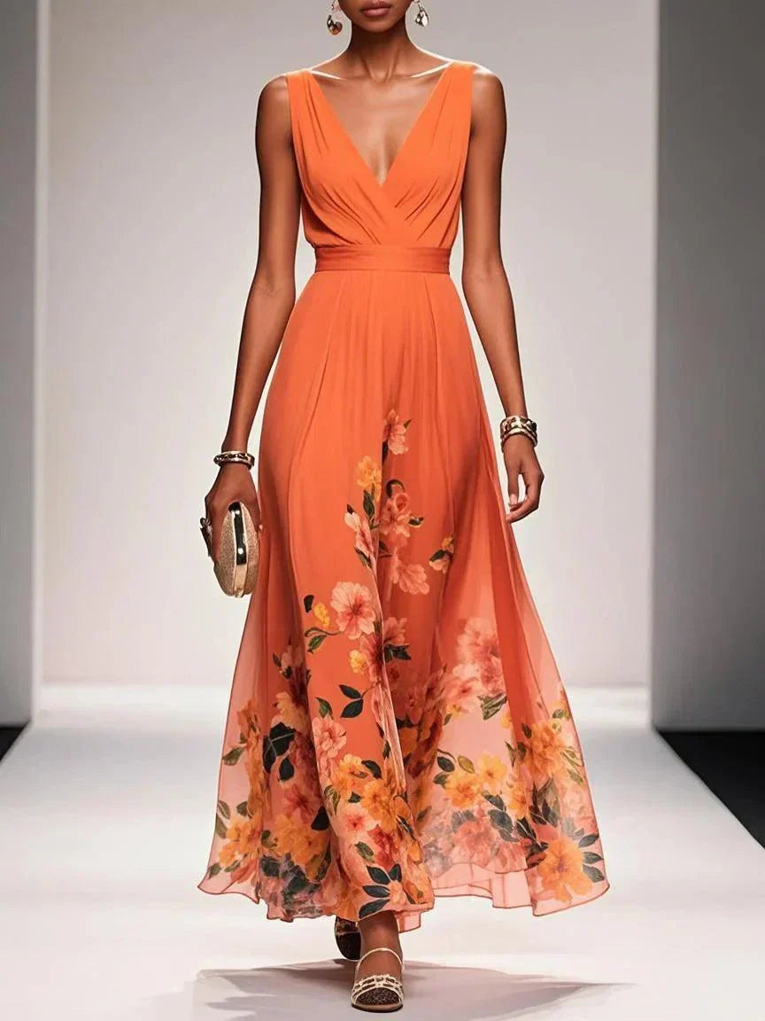 Roze | Lichtblauwe Bloemen Chiffon V-Hals Maxi Jurk
