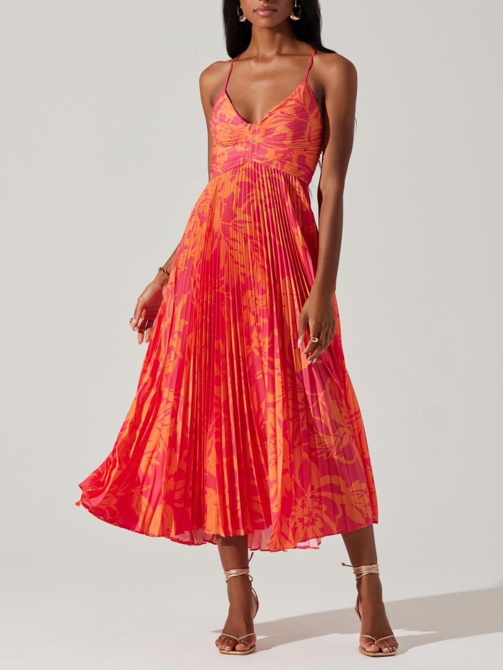 Heather | Coastal Chic Elegante Bloemenprint Plissé Midi Jurk Collectie