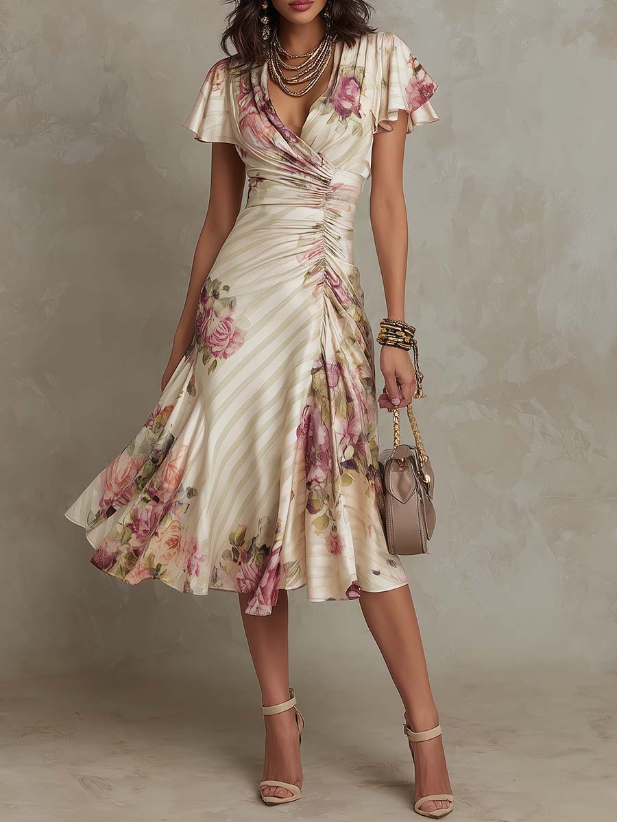 Margaret | Vintage Bloemen Satijnen Midi Jurk
