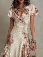 Margaret | Vintage Bloemen Satijnen Midi Jurk