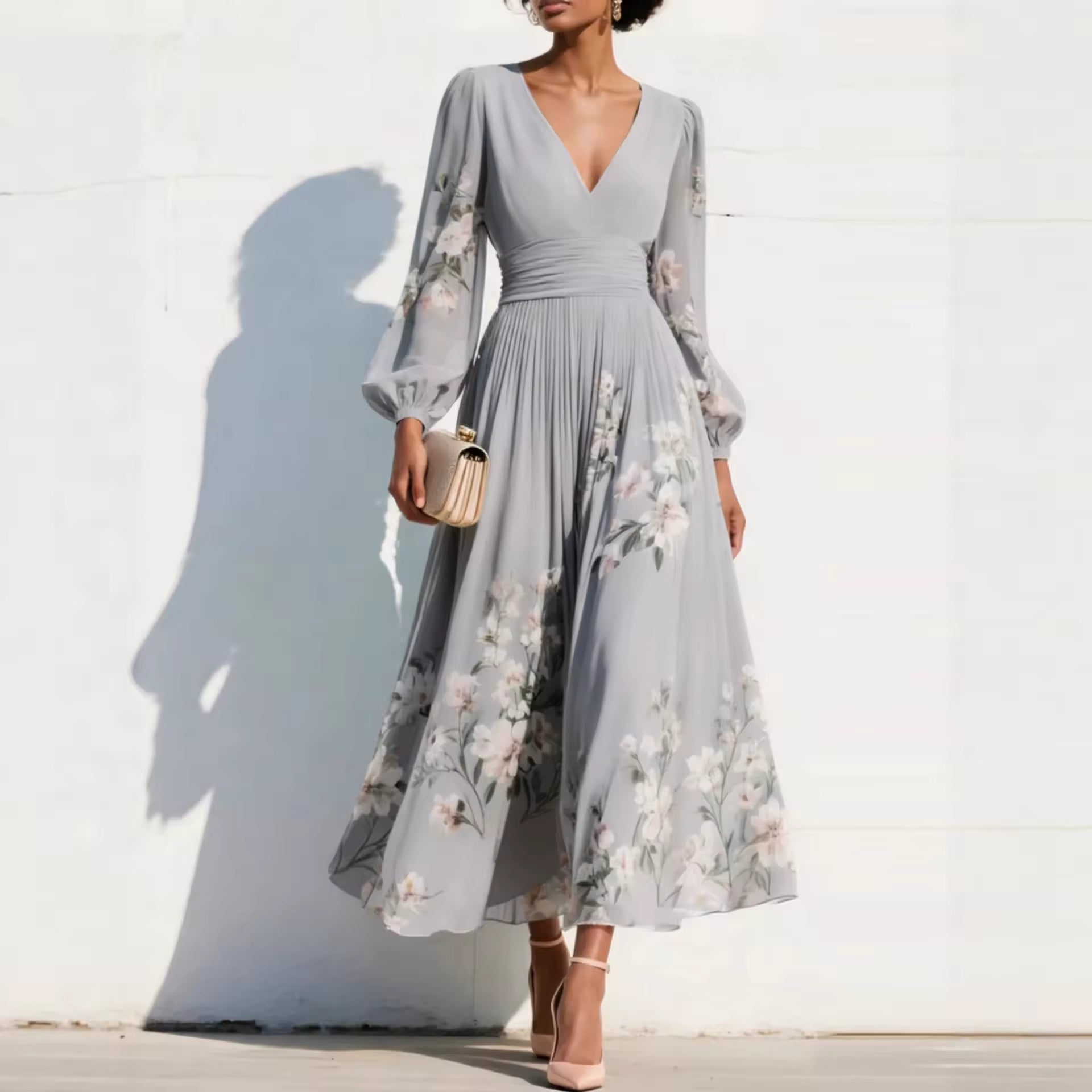Mathilda - V-Hals Chiffon Geplooide Bloemen Midi Jurk