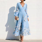 Mathilda - V-Hals Chiffon Geplooide Bloemen Midi Jurk
