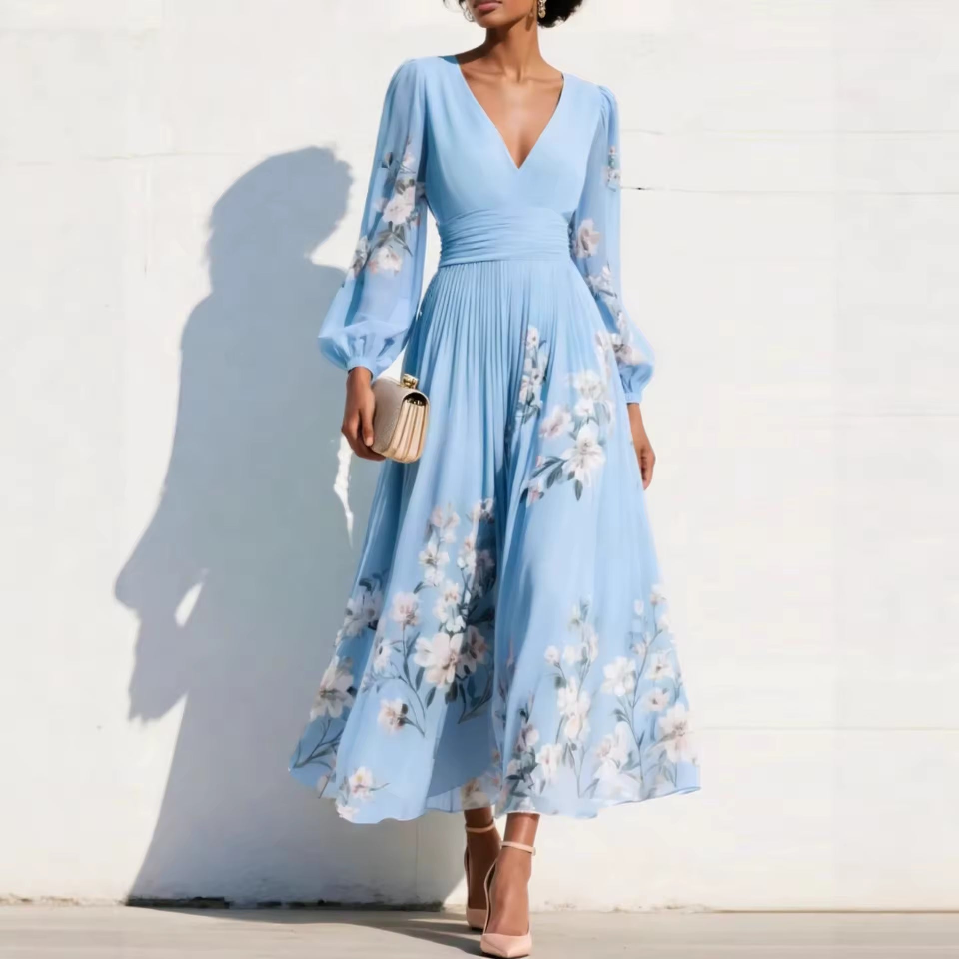 Mathilda - V-Hals Chiffon Geplooide Bloemen Midi Jurk