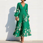 Mathilda - V-Hals Chiffon Geplooide Bloemen Midi Jurk