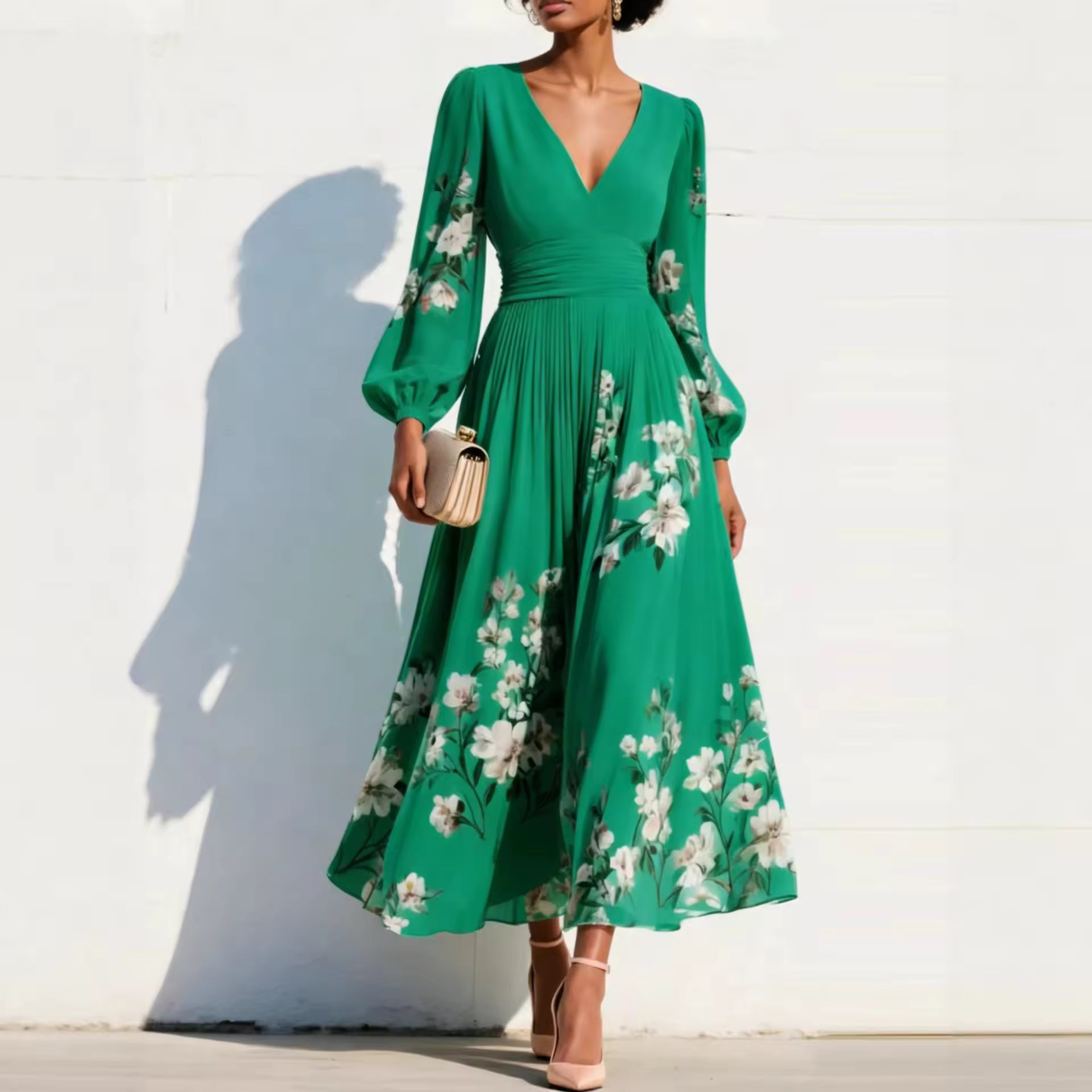 Mathilda - V-Hals Chiffon Geplooide Bloemen Midi Jurk