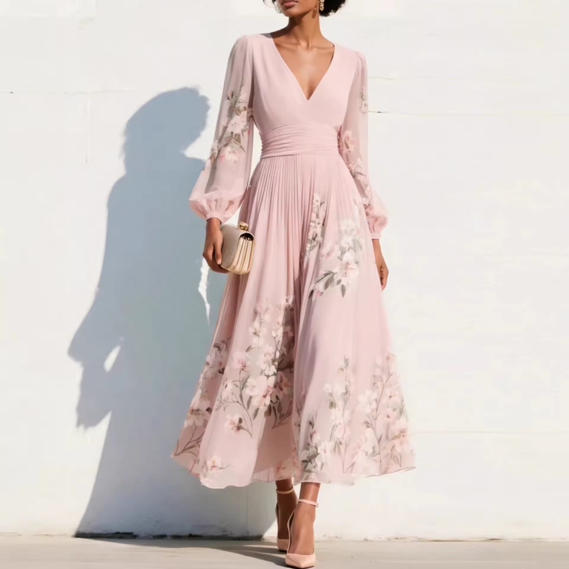Mathilda - V-Hals Chiffon Geplooide Bloemen Midi Jurk