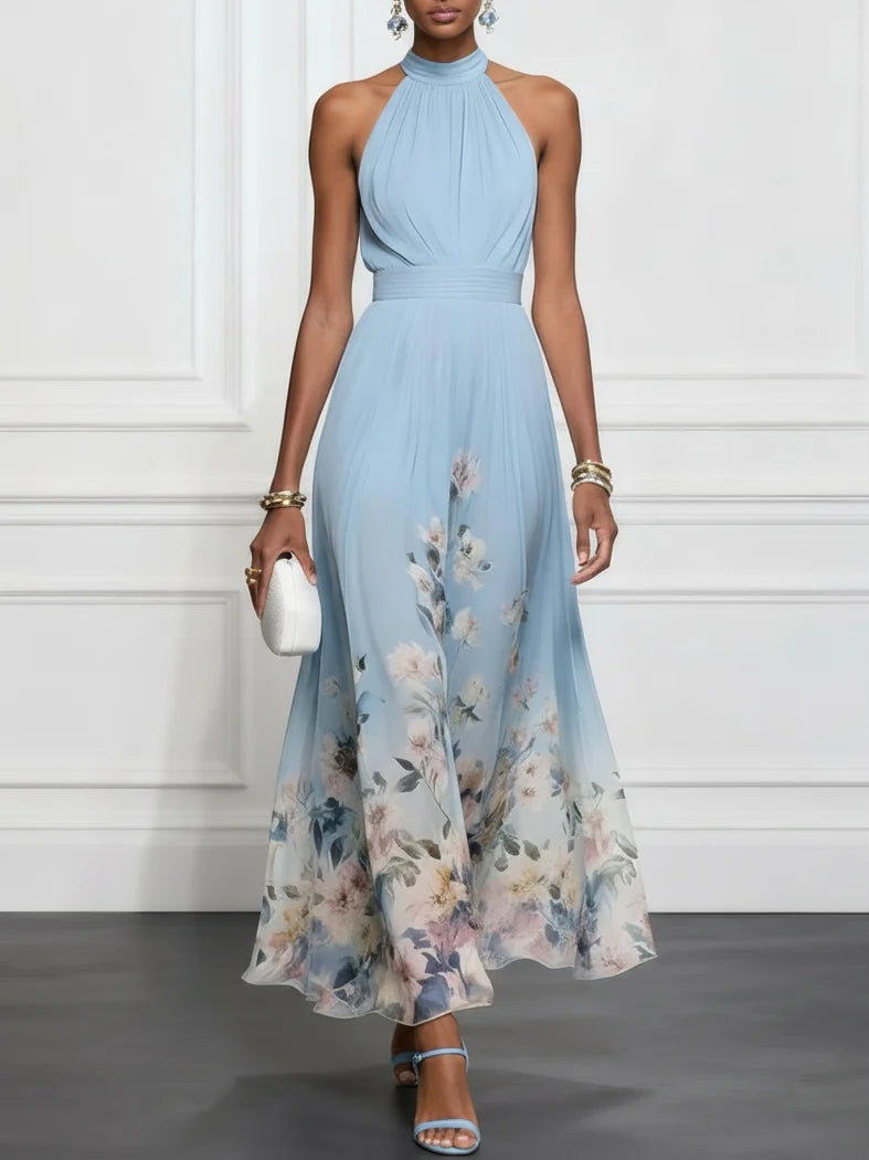 Rosalyn | Blauwe Bloemen Chiffon Halter Maxi Jurk