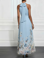 Rosalyn | Blauwe Bloemen Chiffon Halter Maxi Jurk
