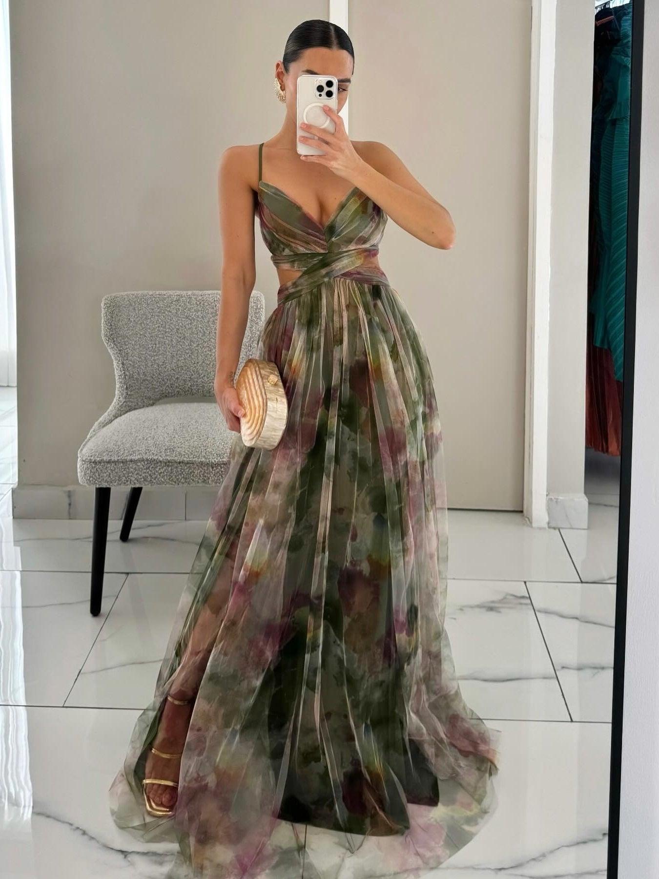 Karen | Geschilderde Bloemenprint V-Hals Maxi Jurk