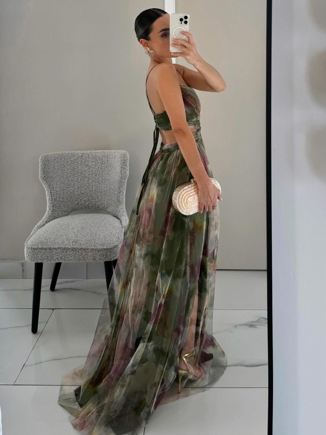 Karen | Geschilderde Bloemenprint V-Hals Maxi Jurk
