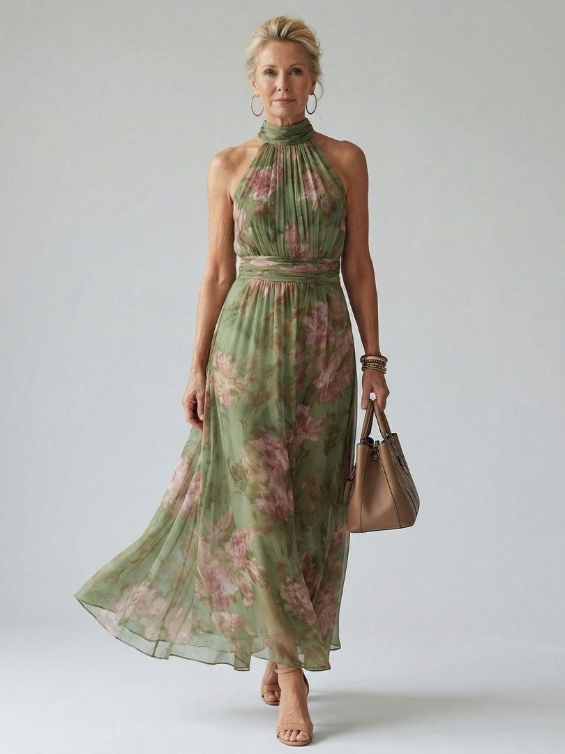 Mirelle | Geplooide Halter Midi-jurk