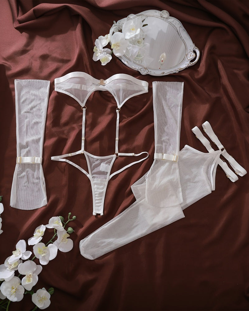 Leya™ | Transparante Lingerieset met Body, Kousen & Handschoenen