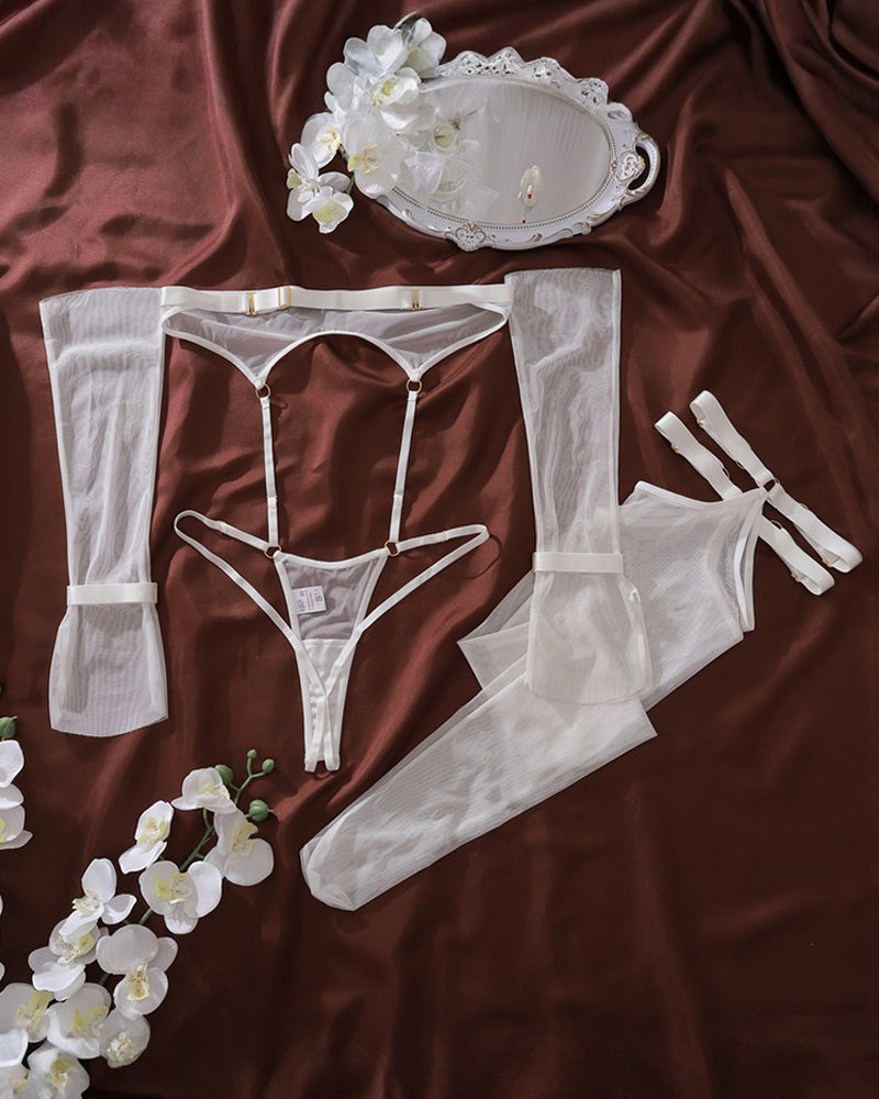 Leya™ | Transparante Lingerieset met Body, Kousen & Handschoenen