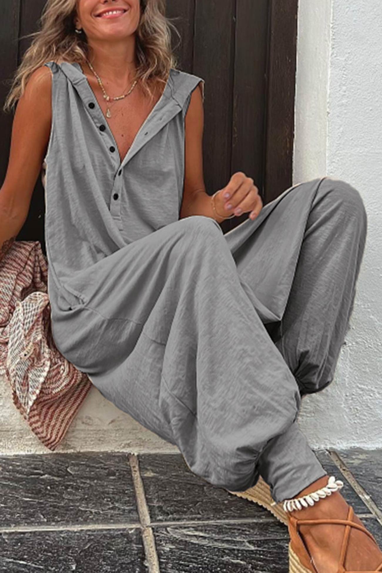 Luna - Effen Mouwloze Jumpsuit Met Capuchon En Relaxte Pasvorm