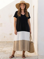 Thalia | Korte Mouw Kleurblok V-Hals Midi Jurk