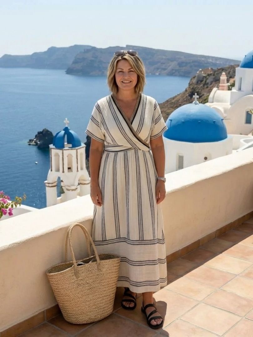 Thalassa | V-hals Korte Mouw Wikkel Taille Midi Jurk