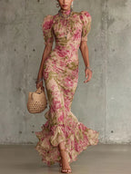 Mae | Vintage Rozenprint Puff Sleeve Maxi Dress
