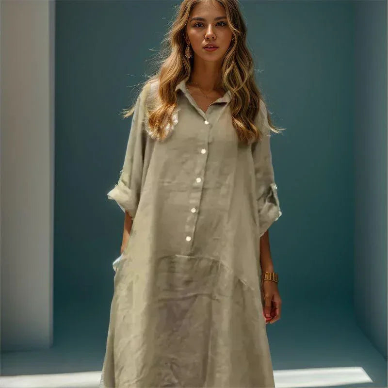 Clothilde™ | Katoenen Linnen Jurk met een Losse Pasvorm / Lichtgewicht Stijl met Elegante Knopen en Verstelbare Mouwen!