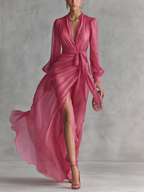 Beatrice | Elegante Chiffon V-hals Tailleband Lange Jurk
