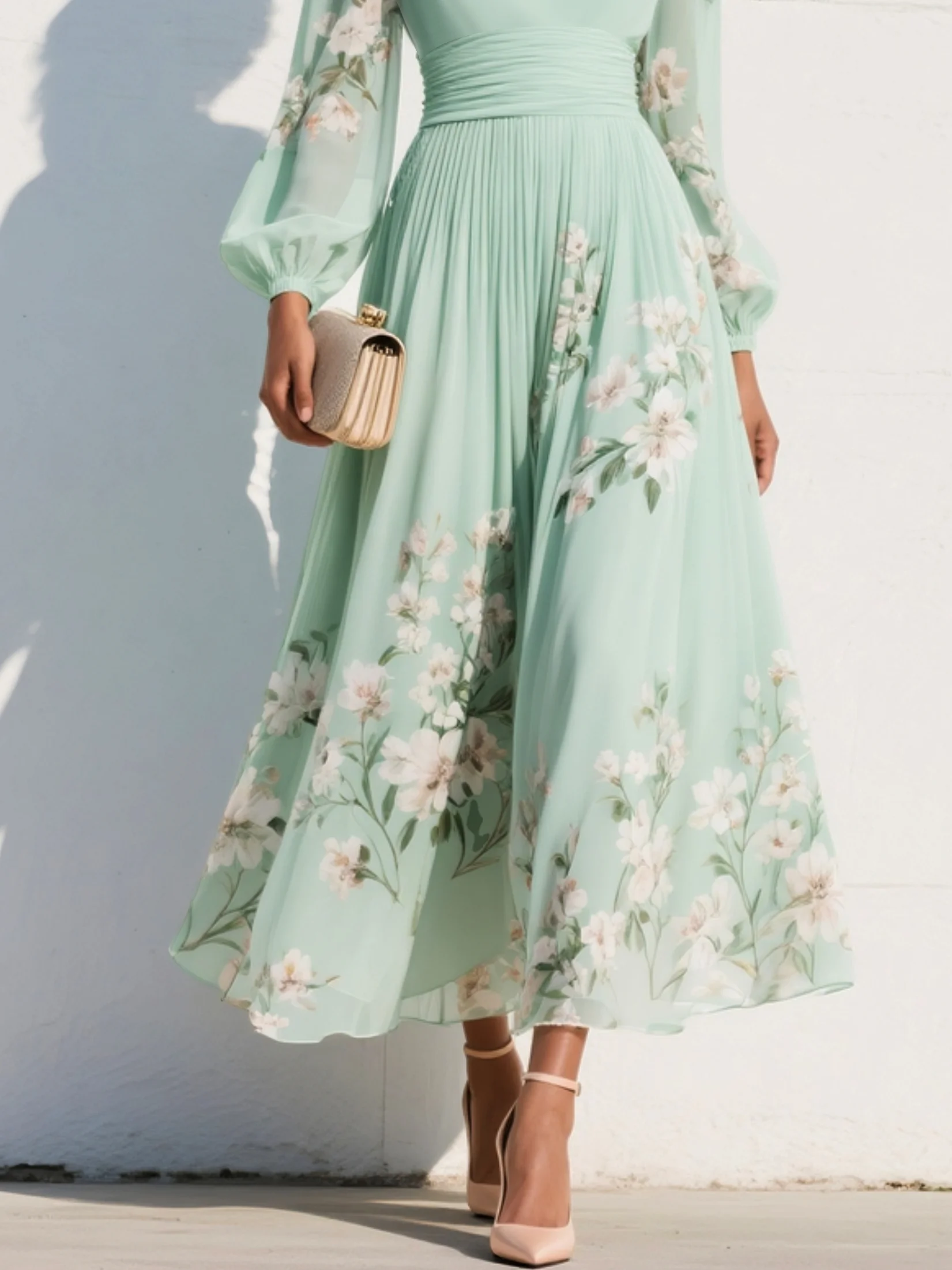 Mathilda - V-Hals Chiffon Geplooide Bloemen Midi Jurk
