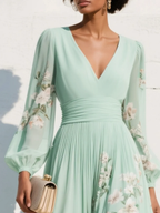 Mathilda - V-Hals Chiffon Geplooide Bloemen Midi Jurk