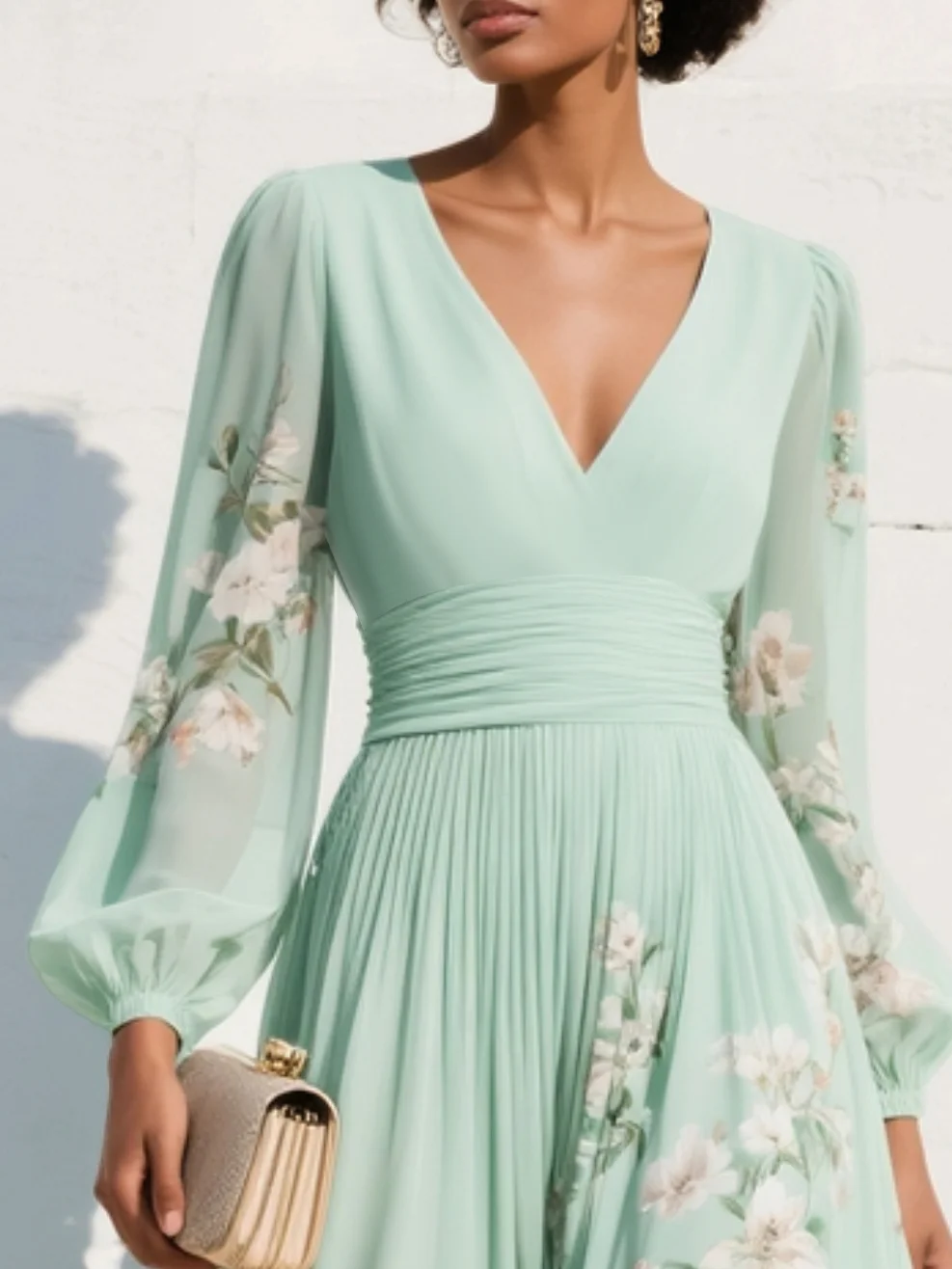 Mathilda - V-Hals Chiffon Geplooide Bloemen Midi Jurk
