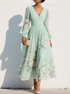 Mathilda - V-Hals Chiffon Geplooide Bloemen Midi Jurk