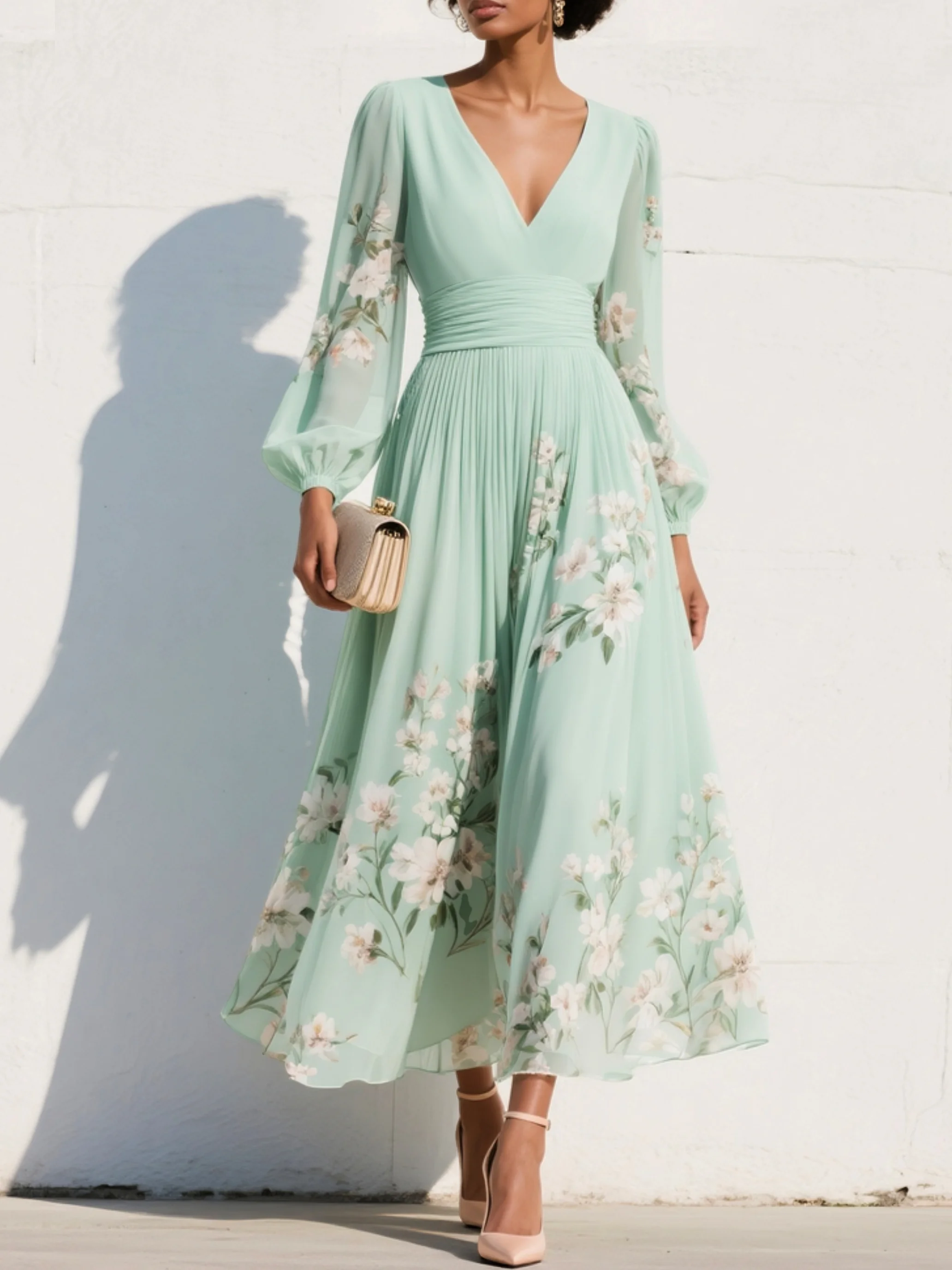 Mathilda - V-Hals Chiffon Geplooide Bloemen Midi Jurk