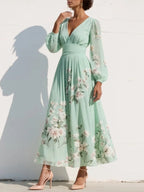 Mathilda - V-Hals Chiffon Geplooide Bloemen Midi Jurk