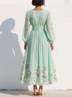 Mathilda - V-Hals Chiffon Geplooide Bloemen Midi Jurk