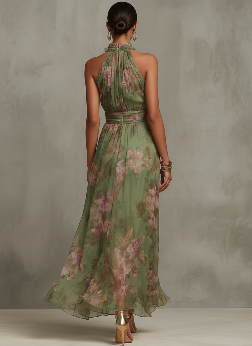 Florence | Groene Bloemen Chiffon Halter Maxi Jurk