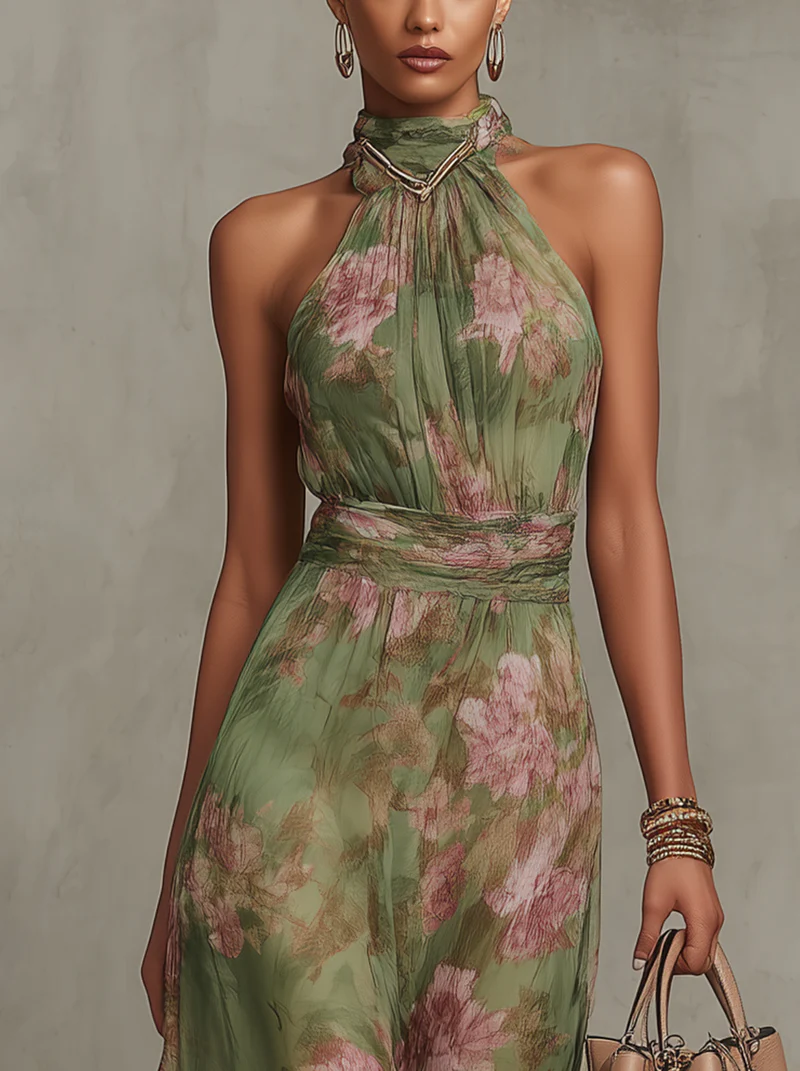 Florence | Groene Bloemen Chiffon Halter Maxi Jurk