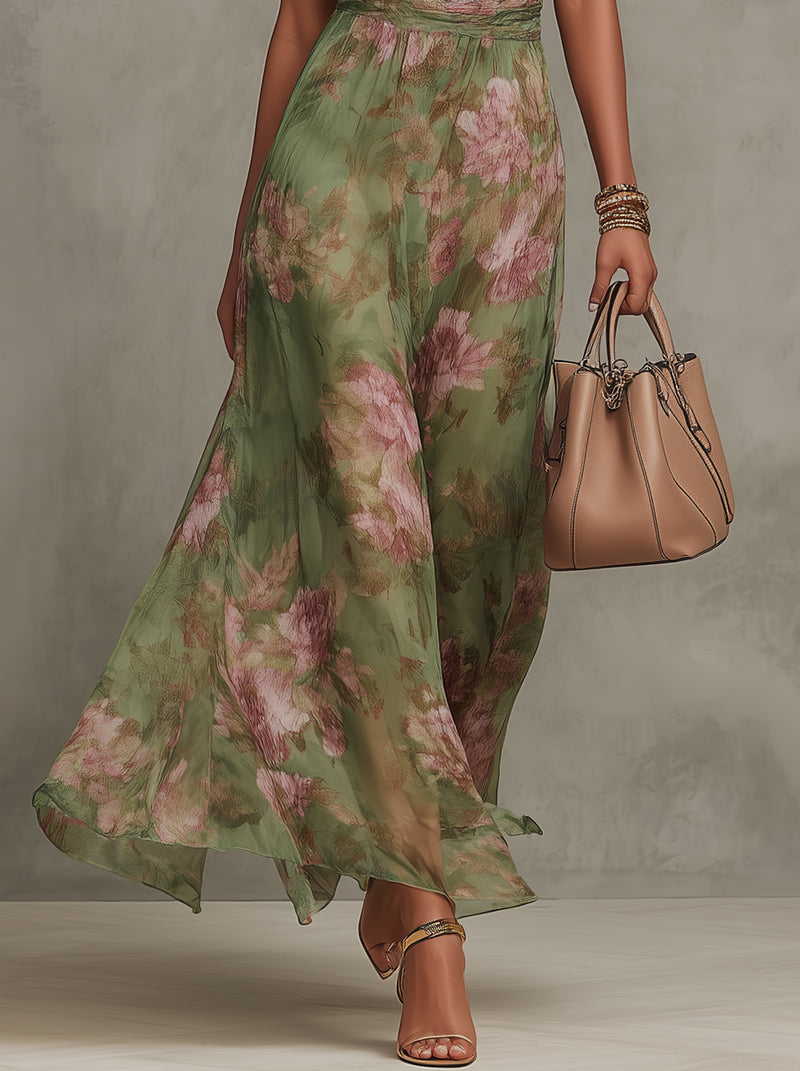 Jazina | Groene Maxi Chiffon Jurk met Halternek