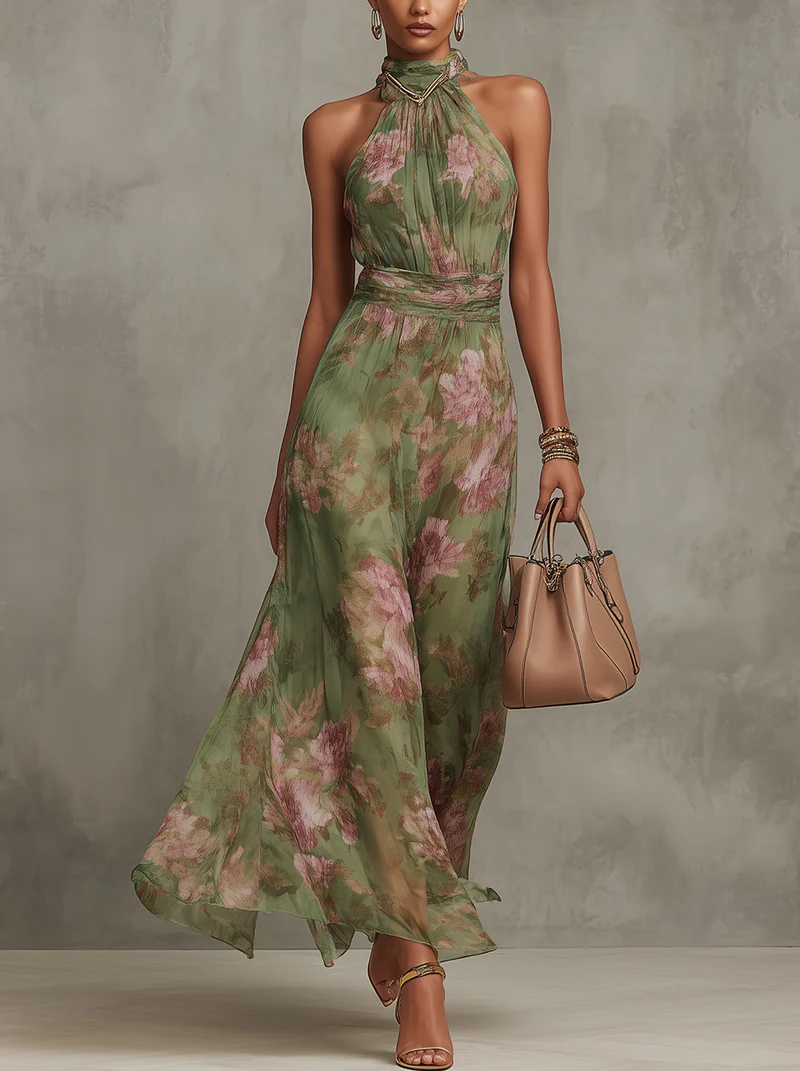 Florence | Groene Bloemen Chiffon Halter Maxi Jurk