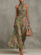 Jazina | Groene Maxi Chiffon Jurk met Halternek