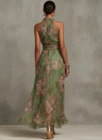 Jazina | Groene Maxi Chiffon Jurk met Halternek