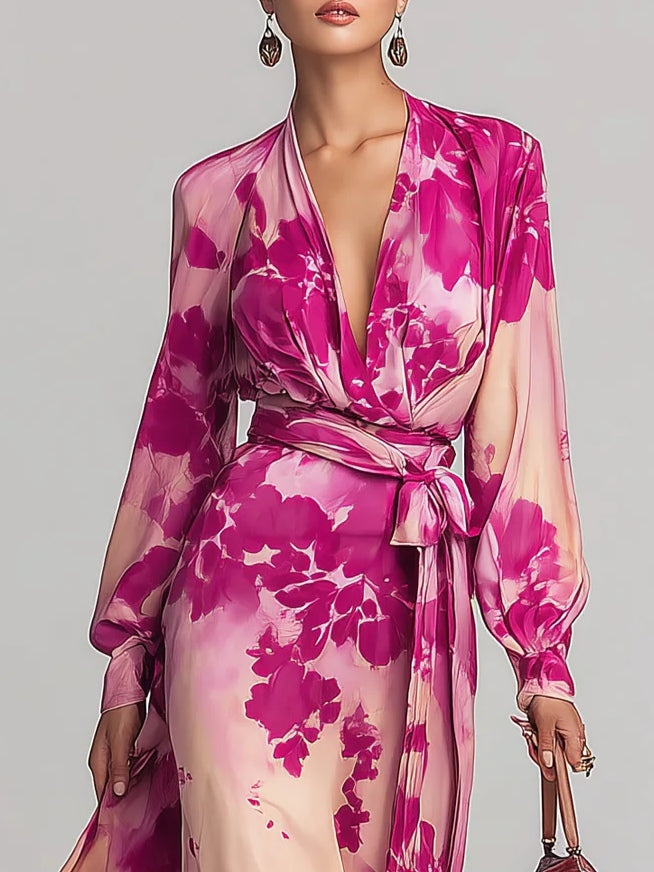 Julia | Rozen Bloemen V-Hals Ceintuur Maxi Jurk