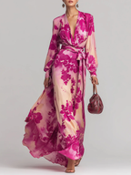 Julia | Rozen Bloemen V-Hals Ceintuur Maxi Jurk