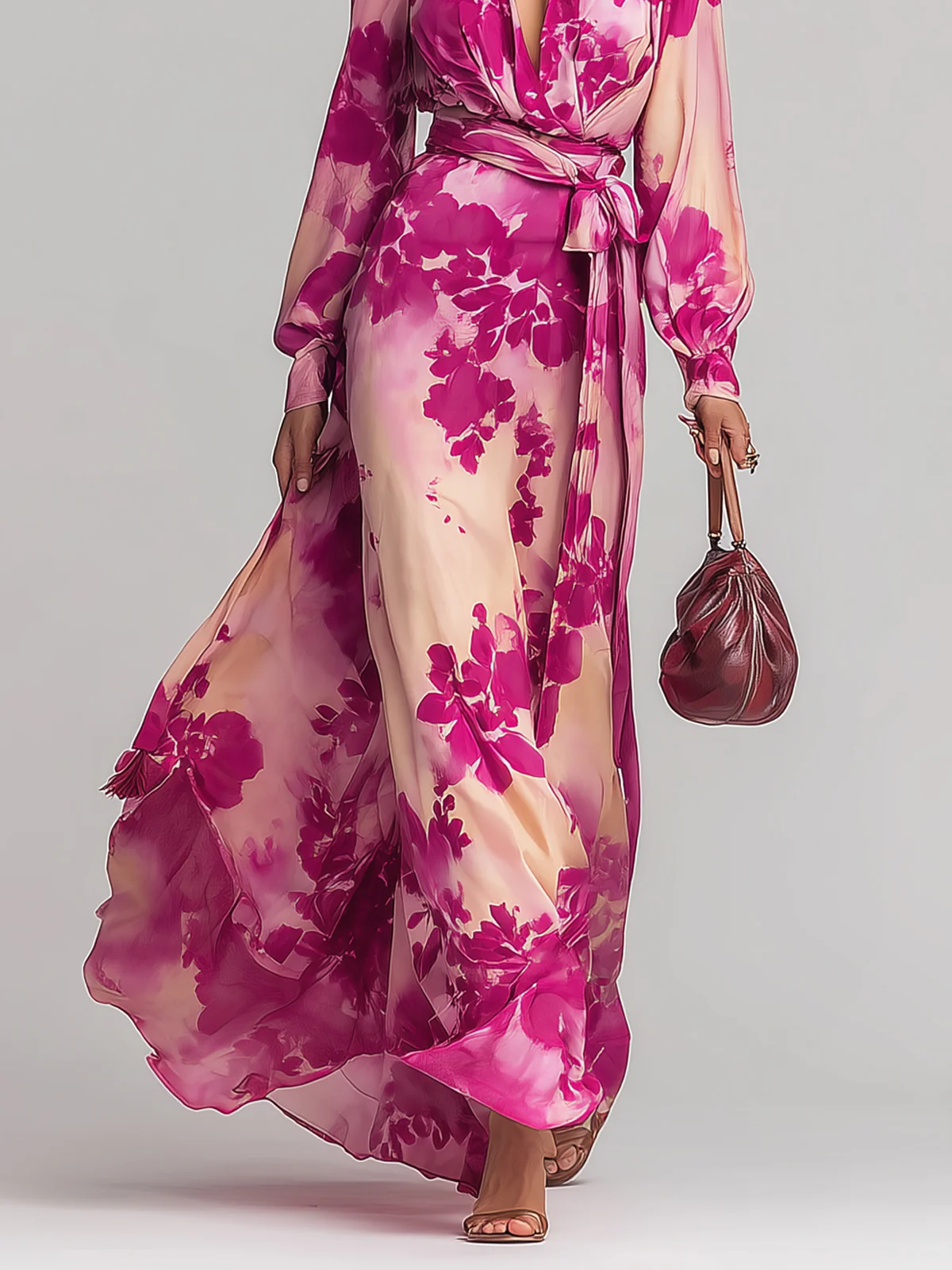 Julia | Rozen Bloemen V-Hals Ceintuur Maxi Jurk