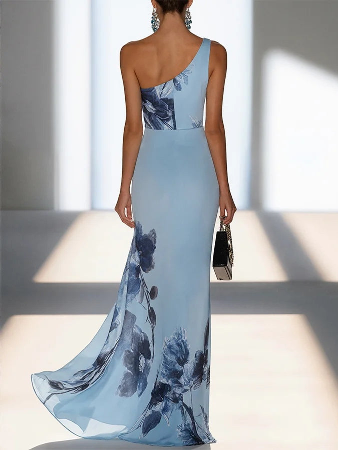 Victoria | Satin Ink Print Off-Shoulder Maxi Jurk