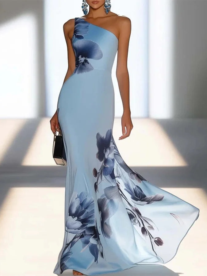 Victoria | Satin Ink Print Off-Shoulder Maxi Jurk